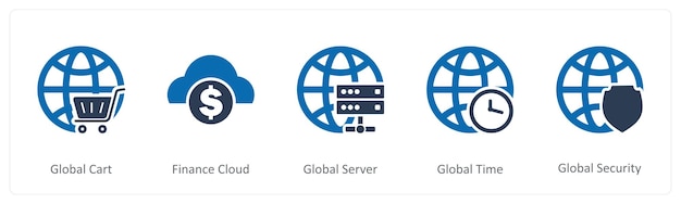 Un conjunto de 5 íconos de Internet como servidor global de nube de finanzas de carrito global