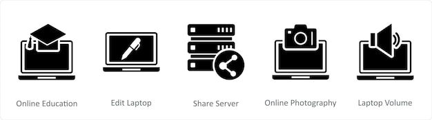 Un conjunto de 5 iconos de internet como servidor de intercambio de edición de computadora portátil de educación en línea