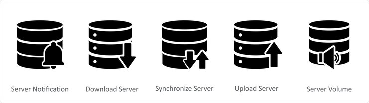 Vector un conjunto de 5 iconos de internet como servidor de notificación de descarga de servidor