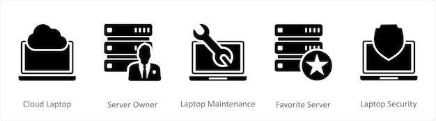 Un conjunto de 5 iconos de Internet como servidor de portátil en la nube propietario de mantenimiento de portátil