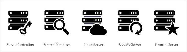 Vector un conjunto de 5 iconos de internet como servidor de protección de búsqueda de base de datos servidor en la nube