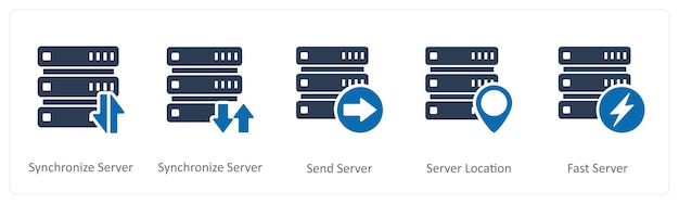 Un conjunto de 5 iconos de Internet como servidor de sincronización enviar ubicación del servidor del servidor