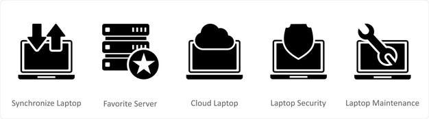 Un conjunto de 5 iconos de Internet como sincronizar el portátil favorito servidor nube portátil