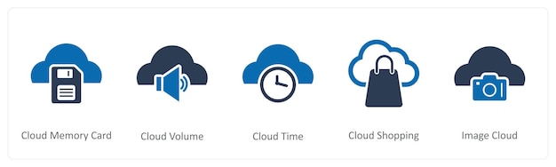 Un conjunto de 5 iconos de Internet como tarjeta de memoria en la nube volumen en la nube tiempo en la nube