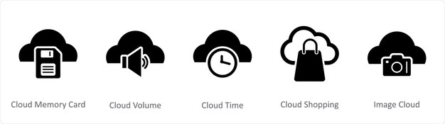 Un conjunto de 5 iconos de Internet como tarjeta de memoria en la nube volumen en la nube tiempo en la nube