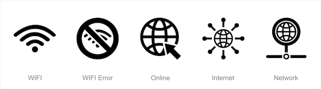 Un conjunto de 5 iconos de Internet Computer como error wifi wifi en línea