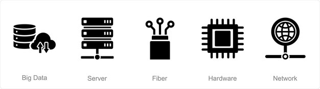 Un conjunto de 5 iconos de Internet Computer como fibra de servidor de big data