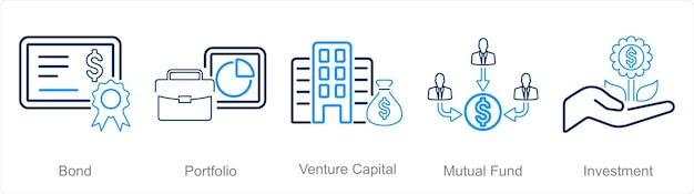 Un conjunto de 5 iconos de inversión como capital de riesgo de la cartera de bonos