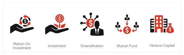 Un conjunto de 5 iconos de inversión como fondo mutuo de diversificación de inversiones