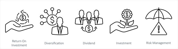 Un conjunto de 5 iconos de inversión como retorno sobre el dividendo de diversificación de la inversión