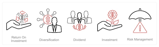 Un conjunto de 5 iconos de inversión como retorno sobre el dividendo de diversificación de la inversión
