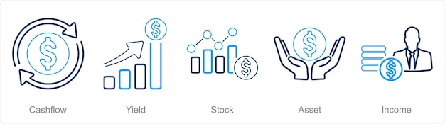 Un conjunto de 5 iconos de inversión como stock de rendimiento de flujo de caja