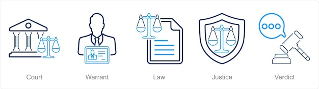 Un conjunto de 5 iconos de justicia como orden judicial de la ley