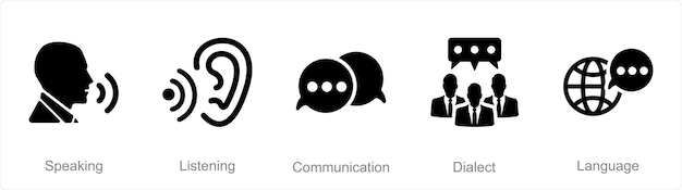 Un conjunto de 5 iconos de lenguaje como comunicación de escucha hablada