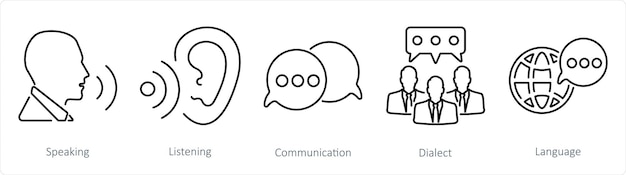 Un conjunto de 5 iconos de lenguaje como comunicación de escucha hablada