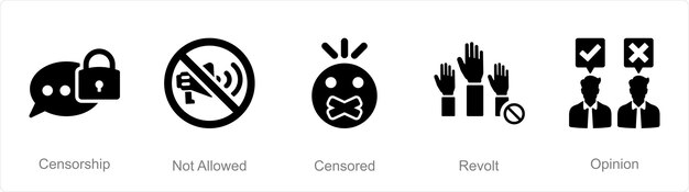 Un conjunto de 5 íconos de la libertad de expresión como censura no permitida censurada