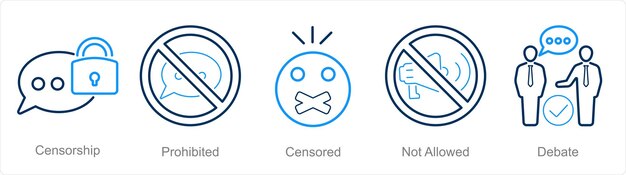 Un conjunto de 5 íconos de Libertad de Expresión como censura prohibida censurada