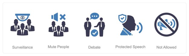 Un conjunto de 5 íconos de Libertad de Expresión como vigilancia del debate de personas mudas