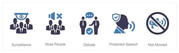 Vector un conjunto de 5 íconos de libertad de expresión como vigilancia del debate de personas mudas