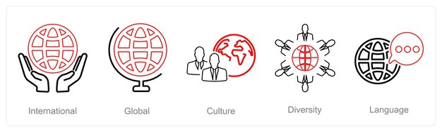 Un conjunto de 5 íconos lingüísticos como cultura global internacional
