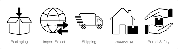 Un conjunto de 5 íconos de logística como embalaje de importación exportación envío