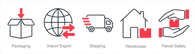 Un conjunto de 5 íconos de logística como embalaje de importación exportación envío