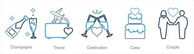 Un conjunto de 5 iconos de luna de miel como celebración de viajes de champán