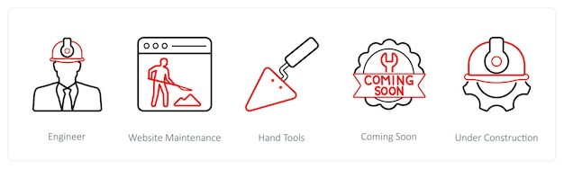 Un conjunto de 5 iconos de mantenimiento, como el mantenimiento del sitio web del ingeniero