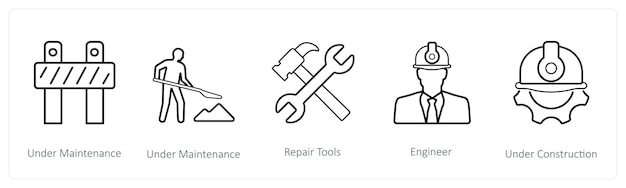 Un conjunto de 5 iconos de mantenimiento, como los de trabajos de mantenimiento en curso
