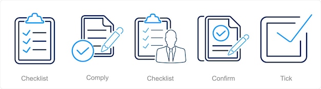 Un conjunto de 5 íconos de marca de comprobación como lista de comprobación cumplir con la confirmación