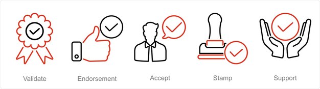 Un conjunto de 5 iconos de marca de comprobación como validación de la aprobación de aceptación
