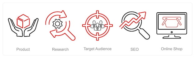 Un conjunto de 5 iconos de marketing digital como público objetivo de investigación de productos