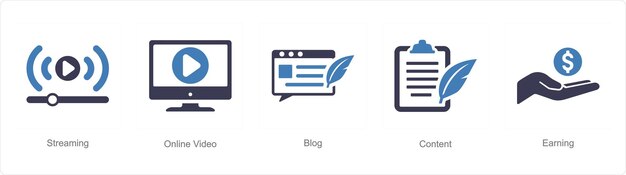Un conjunto de 5 iconos de marketing digital como tienda en línea de video blog en línea