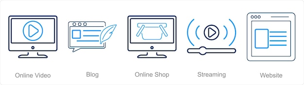 Un conjunto de 5 iconos de marketing digital como tienda en línea de video blog en línea