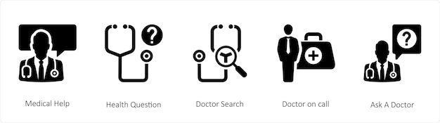 Un conjunto de 5 iconos médicos como Ayuda Médica Pregunta de Salud