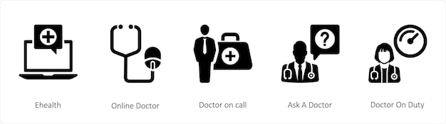 Un conjunto de 5 íconos médicos como Ehealth Online Doctor Doctor de llamada