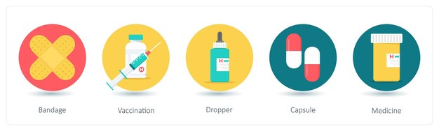 Un conjunto de 5 iconos médicos como goteo de vacunación de vendaje