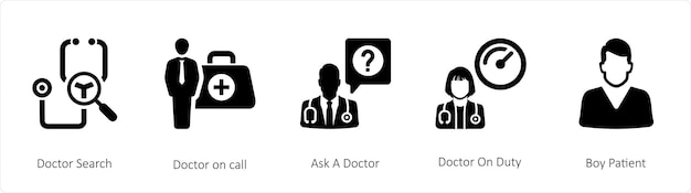 Un conjunto de 5 iconos médicos como el médico Búsqueda de médico de llamada
