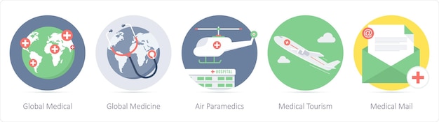 Un conjunto de 5 íconos médicos como médicos globales medicina global paramédicos aéreos