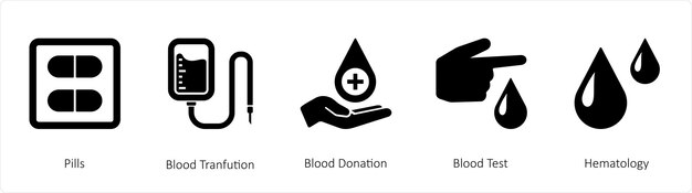 Un conjunto de 5 iconos médicos como pastillas transfusión de sangre donación de sangre