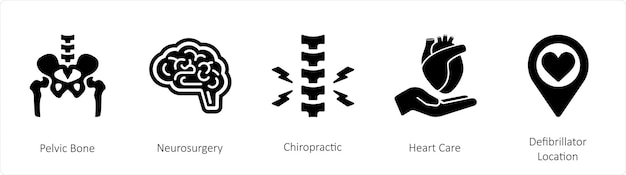 Vector un conjunto de 5 íconos médicos como la quiropráctica de neurocirugía ósea pélvica