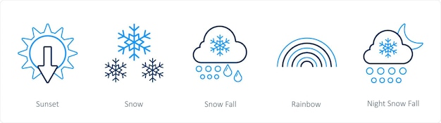 Un conjunto de 5 iconos meteorológicos como el atardecer, la nieve y la caída de la nieve