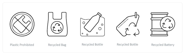 Un conjunto de 5 iconos meteorológicos como la bolsa de plástico prohibida de reciclaje