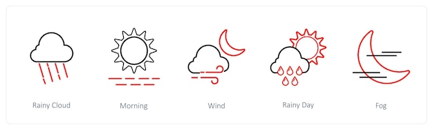 Un conjunto de 5 iconos meteorológicos como la mañana de nubes lluviosas