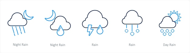 Un conjunto de 5 íconos meteorológicos como noche, lluvia, día de lluvia.
