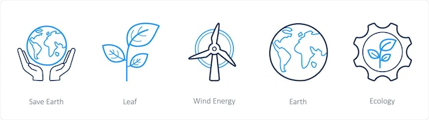 Un conjunto de 5 iconos meteorológicos como salvar la energía eólica de la hoja de la tierra