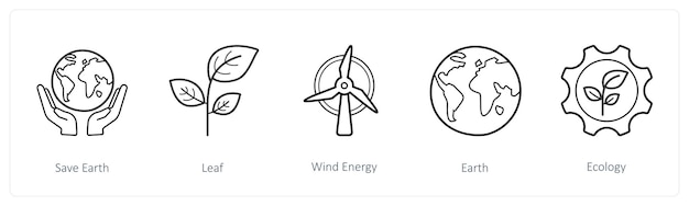 Un conjunto de 5 iconos meteorológicos como salvar la energía eólica de la hoja de la tierra