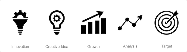 Un conjunto de 5 íconos de mezcla como análisis de crecimiento de ideas creativas