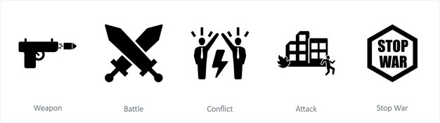 Un conjunto de 5 íconos de mezcla como armas de conflicto de batalla