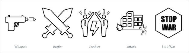 Un conjunto de 5 íconos de mezcla como armas de conflicto de batalla
